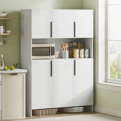 HOMCOM Szafka kuchenna z blatem, 6 drzwi, 4 szafki, szafka wysoka z cichymi zawiasami, szafka na mikrofalówkę o nowoczesnym designie, biała