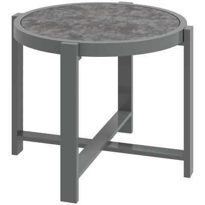 Outsunny Round Small Garden Table, 60cm Outdoor Side Table with Faux Marble Tempered Glass Top, Aluminium Frame for Garden, Patio, Balcony, Grey