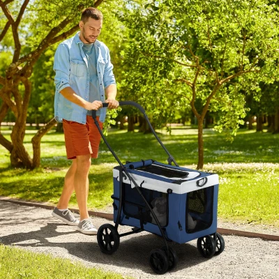 PawHut 2 w 1 Wózek dla psów i kotów z odpinanym koszem, 2 linki bezpieczeństwa, Składany, Oxford, Niebieski