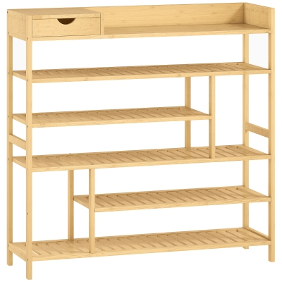 HOMCOM Bamboo Shoe Rack with Drawer, 6 Tier Shoe Stand with Slatted Shelves, 18 Pairs Footwear Organiser for Hallway, Entryway, 101 x 30 x 100 cm, Natural Wood Finish