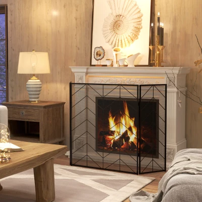 Osłona kominkowa, składana z 3 panelami, 135 x 85 cm, Czarna