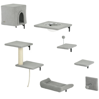 PawHut Cat Wall Shelves, 7Pcs Cat Wall Furniture Set with Shelves and Perches, House, Sisal Post Ladder, Bed & Ball, for Climbing, Sleeping, Playing, Grey