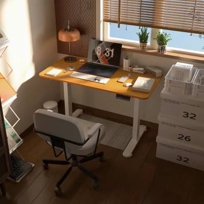 Vinsetto Biurko Regulowane Wysokością, Elektryczne 120 x 60 cm, z 3 Programowalnymi Ustawieniami Wysokości, Ergonomiczne Biurko z Systemem Anti-Kollision, 2 Haki, Naturalny Kolor