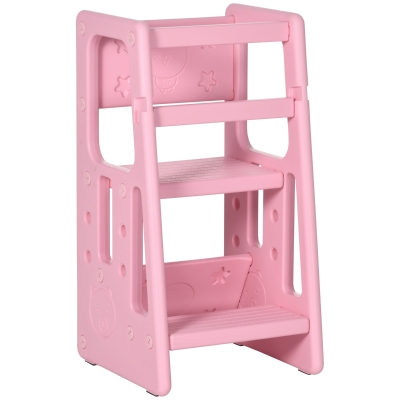 Qaba Toddler Tower with Adjustable Height, Toddler Kitchen Stool Helper with Anti-slip Mat, Step Stool for Kitchen, Bathroom, Pink
