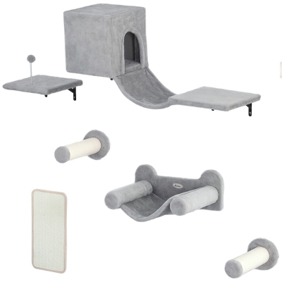 PawHut Cat Wall Shelves, 6 Piece Cat Shelf Set with Condo, Jumping Platform, Hammock, Steps, Perch, Sisal Scratching Board, Toy Ball, Kitty Playground Activity Centre, Grey