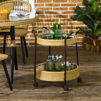 Outsunny Wózek Serwisowy Rattan Trolley z 2 Półkami, Wózek ogrodowy, Okrągły Wózek Kuchenny z Uchwytami, Wózek Barowy na Balkon, Konstrukcja ze Stali, Naturalny, Φ50 x 66 cm