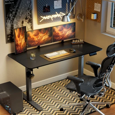 Biurko regulowane Vinsetto 140 x 70 cm Elektryczne, Ergonomiczne biurko stoi-siedzi z haczykami, Ochroną przed kolizją, Czarne