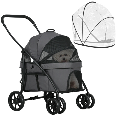 PawHut Wózek dla zwierząt 2 w 1 z osłoną przeciwdeszczową, Składany wózek dla kotów z 2 linkami bezpieczeństwa, dla małych psów i kotów, Oxford, Ciemnoszary