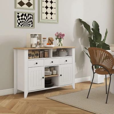 HOMCOM Aparador de Cozinha com 3 Gavetas 2 Armários 2 Prateleiras Abertas e 2 Prateleiras Ajustáveis Estilo Moderno 120x38x81,5 cm Branco