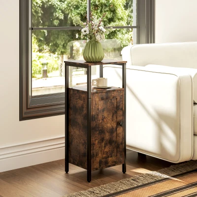 HOMCOM Industrial End Table with Magnetic Door, Small Side Table Storage Cabinet with Adjustable Shelf, Rustic Brown