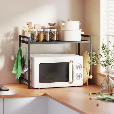 HOMCOM Expandable Microwave Oven Rack, 2-Tier Microwave Shelf Stand with 3 Hooks and Metal Frame, Countertop Kitchen Storage Unit, Black