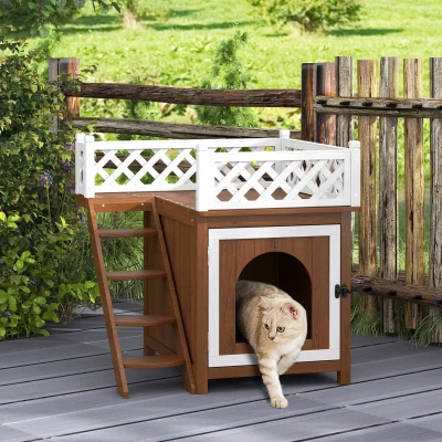 PawHut Wooden Cat House, Two-Floor Cat Shelter with Balcony, Stairs, Indoor Outdoor Small Pet Condo for Rabbits, Cats, Brown