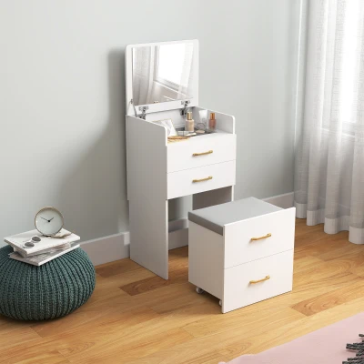 HOMCOM 3 in 1 Dressing Table with Mirror and Cushioned Stool, Compact Vanity Desk Bedroom Make Up Desk with Visible Glass Tabletop and Storage Drawers, White