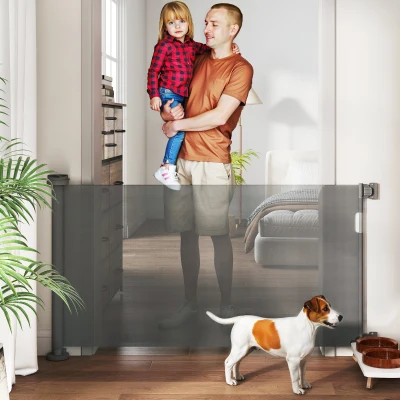PawHut Retractable Dog Gate, 0-136 cm Mesh Stair Gate, Safety Gate for Small Dogs, Doorways, Hallways, Stairways, Indoor, Outdoor, Grey