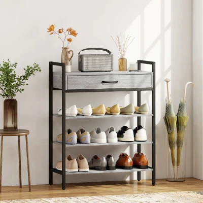 HOMCOM Regał na Buty, 4 Poziomy, Metalowy Stojak z Szufladą, Szary, 70 x 30 x 87,6 cm