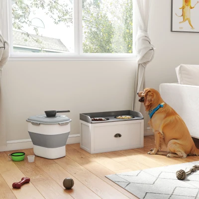 PawHut Conjunto de 1 Comedouro Elevado para Cães Grandes com 2 Tigelas de Aço Inoxidável e 1 Recipiente de Comida Branco