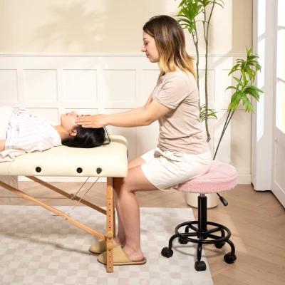 HOMCOM Stołek na kółkach regulowany wysokościowo, obrotowy, 50-66 cm, do biura, salonu, spa, różowy