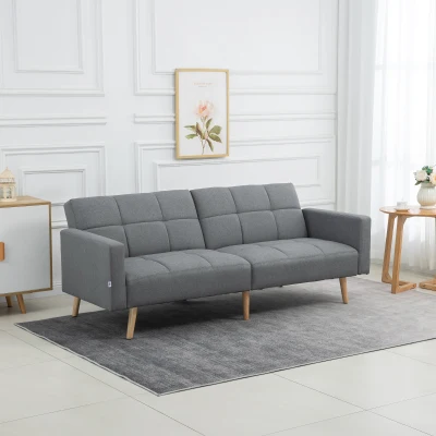 HOMCOM Sofa 2 w 1 z funkcją spania 205 x 88 cm, Kanapa z poduszkami, Wygląd lnu - Szara