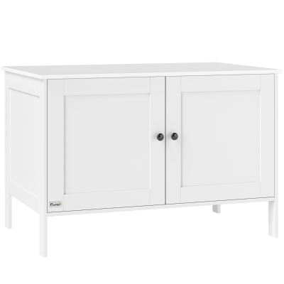 PawHut Cat Litter Box Enclosure, Elevated Design Litter Box Furniture with Double Doors and Side Entrance, Indoor Kitty House Hidden Washroom Toilet for Living Room, White