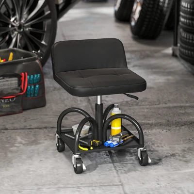 HOMCOM Hoker Warsztatowy na Kółkach z Półką i Wsparciem Lędźwiowym, Regulowany Hoker Roboczy do 135 kg, Czarny