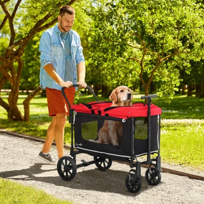 PawHut Dog Stroller, Puppy Buggy Cargo Trailer with Removable Adjustable Canopy, Storage Bag, Washable Cushion, Safety Leashes, Folding Pet Stroller for Large Dogs, Red