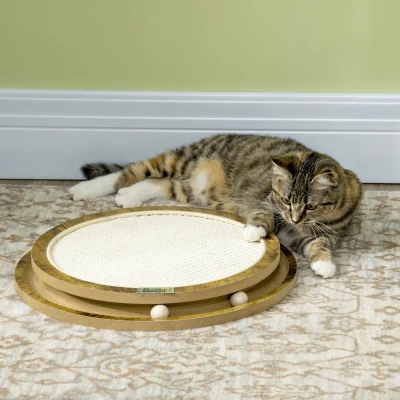 Deska do drapania PawHut z piłką, interaktywna drewniana zabawka dla kota, podkładka do drapania sizalu, ochrona przed zarysowaniami sofy, brązowa+kremowa biel, średnica 40 x 4,5 cm