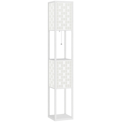 HOMCOM Floor Lamp with Shelves, 2 Layer Grid Pattern Column Modern Standing Lamp with Foot Switch and Pull Chain for Living Room, Bedroom, Office, Bulb Not Included, White