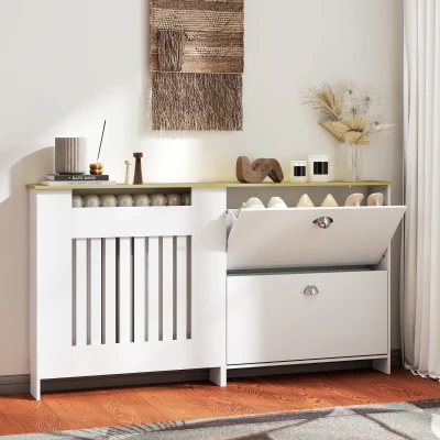 HOMCOM Cubre Radiadores con Zapatero Cubierta para Radiador con 2 Cajones Abatibles 152x19x81 cm Blanco