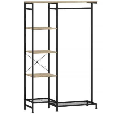 HOMCOM Freestanding Coat Rack Stand, Modern Hall Tree with Clothes Rail, Mesh Shoe Rack and Metal Frame for Hallway, Living Room, Bedroom, Oak and Black