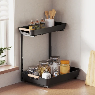 HOMCOM 2-Tier Countertop Storage Shelf with Adjustable Height, Kitchen Organiser with Metal Frame and 2 Storage Baskets for Kitchen, Cupboard, Bathroom, Black