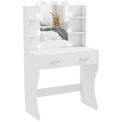 HOMCOM Dressing Table with LED Lights, Adjustable Brightness and 3 Light Colours, Modern Vanity Table with Mirror, Drawers and Open Shelves for Bedroom, White