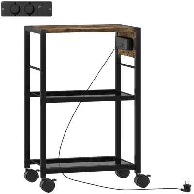 HOMCOM Mobile Printer Stand with Charging Station and USB/USB-C Ports, 3-Tier Under Desk Printer Cart with Storage Shelf and Lockable Wheels for Home and Office, Rustic Brown