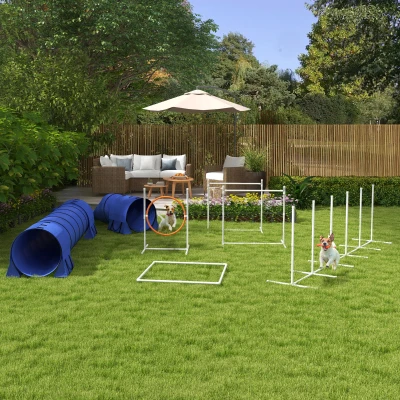 PawHut 7 Pieces Dog Agility Equipment Set with Weave Poles, Jumping Ring, Hurdle, Tunnels, Pet Obstacle Course Training Kit Dog Training Equipment with Whistle, Carry Bag - Blue