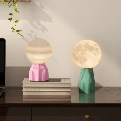 HOMCOM Table Lamp Set of 2, 3D Saturn Moon Lamps, USB-Powered Planet Night Light with 3 Colours, 10 Adjustable Brightness and ABS Base for Living Room, Bedroom, White