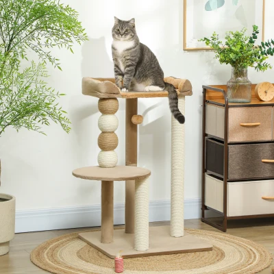PawHut Cat Tree for Indoor Large Adult Cat, 86cm Cat Tower with Scratching Posts, Cat Bed, Jumping Platform, Scratching Ball, Toy Ball, Brown