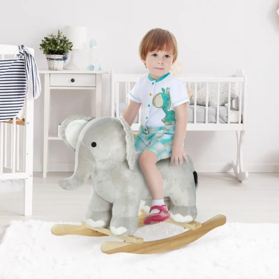 Qaba Rocking Horse, Kids Rocking Animal Elephant Rocker with Realistic Sounds, Plush Ride on Toy for 2-4 Years, Grey