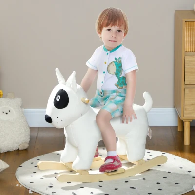 AIYAPLAY Rocking Horse, Animal Rocker Plush Ride on Dog with Barking, Wooden Base, for 2-4 Years Old, White