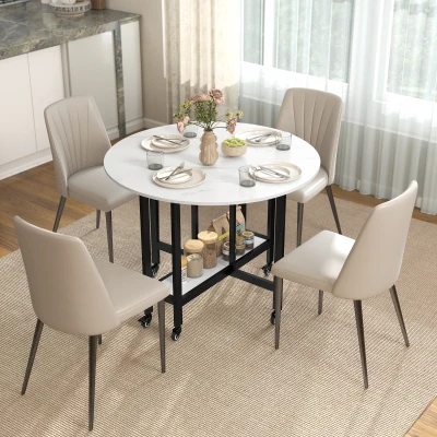 HOMCOM Folding Dining Table, Drop Leaf Table with Open Shelf, Rolling Kitchen Table for Dining Room, Small Spaces, White Marble