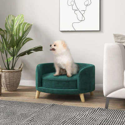 PawHut Hundesofa, Haustiersofa z efektem aksamitnym, sofa dla kotów z poduszką, łóżko dla psów, kanapa dla psa z podwyższonym designem, fotel dla psów z drewnianymi nogami, Zielony, 68 x 68 x 35 cm