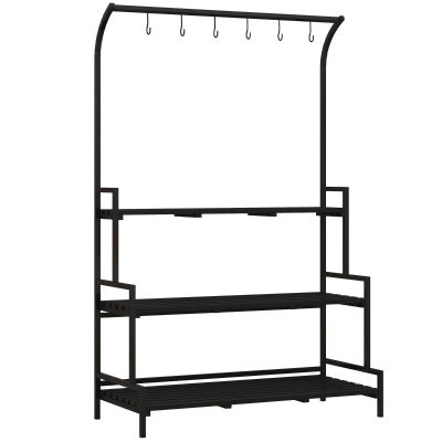 Outsunny Tall Plant Stand with Hanging Hooks, 3 Tiered Plant Rack Ladder Shelf for Indoor Outdoor Porch Balcony Living Room Bedroom, Black