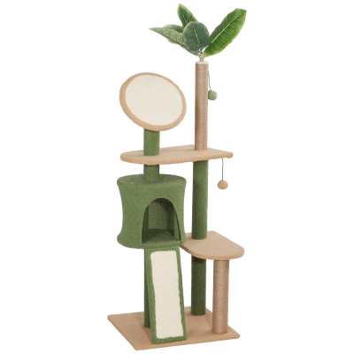 PawHut Cat Tree for Indoor Cat Large Adult with Green Leaves, 55 Inch Cat Tower with Cat Scratching Posts, Cat Condo, Scratching Pad, Ramp, Two Dangling Balls, Green
