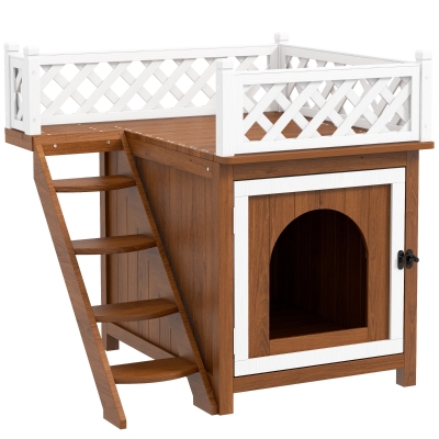 PawHut Wooden Cat House, Two-Floor Cat Shelter with Balcony, Stairs, Indoor Outdoor Small Pet Condo for Rabbits, Cats, Brown