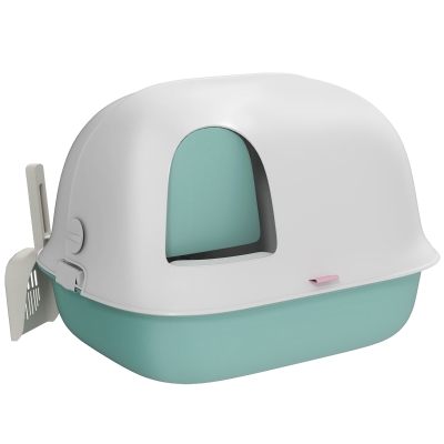 PawHut Cat Litter Box with Lid, Cat Litter Tray with Internal Channel, Door, Front Opening, Scoop, Easy Clean Hooded Cat Litter Box, Green