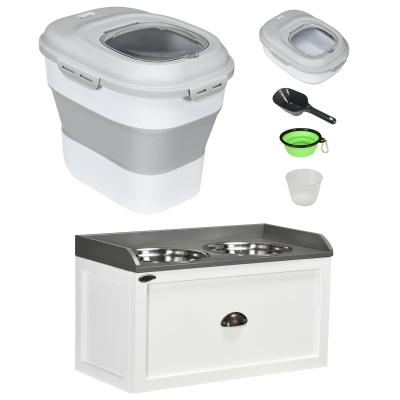 PawHut Conjunto de 1 Comedouro Elevado para Cães Grandes com 2 Tigelas de Aço Inoxidável e 1 Recipiente de Comida Branco