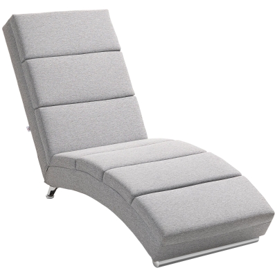 HOMCOM Indoor Chaise Lounge with High Back Support, Linen Upholstered Recliner Chair with Steel Legs and Soft Thick Padded for Living Room, Bedroom, Light Grey