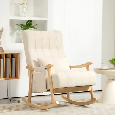 HOMCOM Rocking Chair with Side Pocket and Lumbar Pillow, Upholstered Relaxing Accent Armchair with Solid Wood Legs for Living Room Bedroom Nursery, Beige