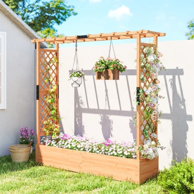 Outsunny Wooden Trellis Planter Box with Roof, Natural
