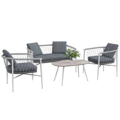 Outsunny 4 Pieces Patio Wicker Furniture Set with Cushions, Outdoor PE Rattan & Rope Woven Conversation Sofa Set with Rocking Function Seat, Glass Top Coffee Table, Grey