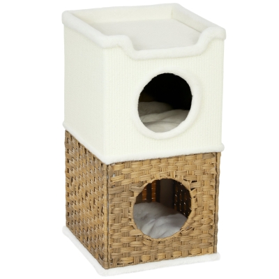 PawHut Cat Scratching Barrel, Cat Tree Tower with Sisal Scratching Post, 3-Level Design Condo with 2 Entrances, 2 Cushions, 75.5H cm, Cream