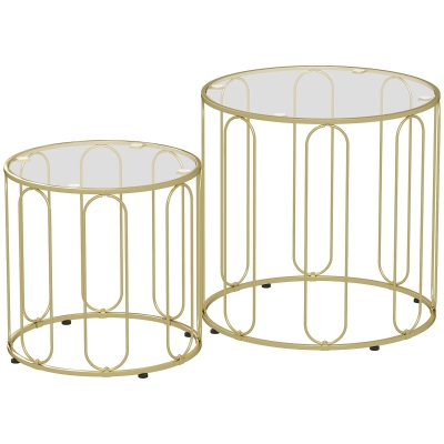 HOMCOM Round Coffee Table Set of 2, Glass Nest of Tables with Metal Frame and Tempered Glass Tabletop, Modern Side Tables for Living Room, Gold Tone